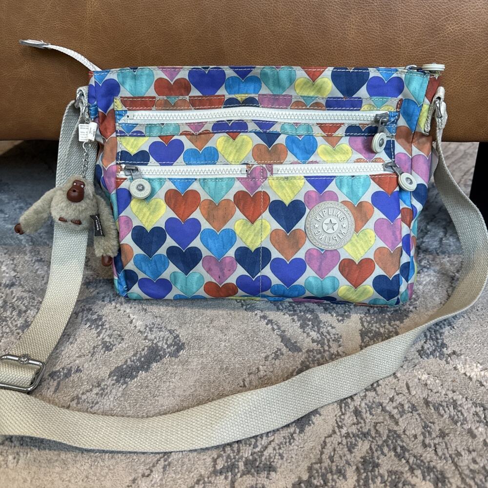 Kipling Heart Print Crossbody Bag Monkey Charm Multicolor Adjustable Strap